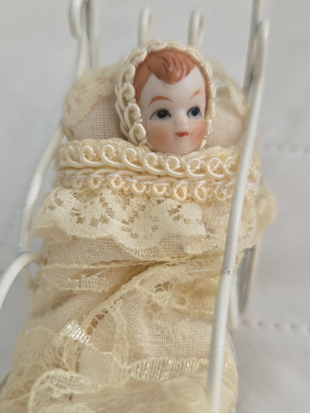 Cream Lace Baby Bath Doll Swaddle - Porcelain Doll In A Carriage